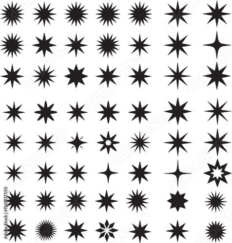 Collection of diverse black star shapes and starbursts on a white background