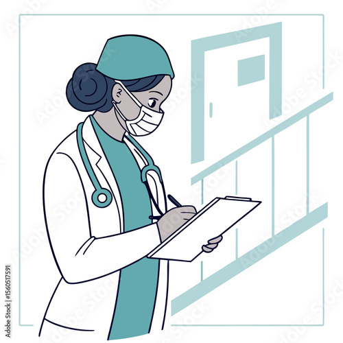 Illustration of a female doctor wearing a mask and a stethoscope writing on a clipboard in a hospital hallway