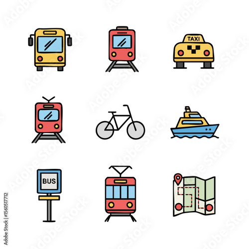 Flat Lineart Transportation Vehicle Icons Set for City Navigation Application