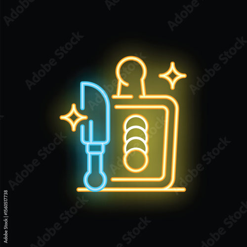 Neon sign showing knife sharpening service with grinding machine on black background