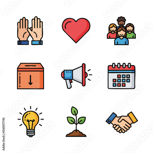 Flat Design Essential Charity and Donation Element Collection Icon Set