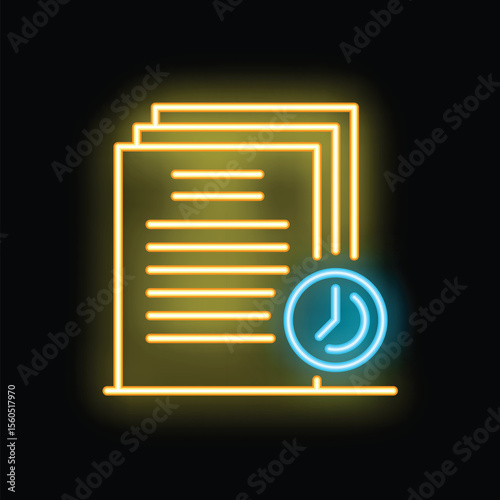 Glowing neon icon of documents with clock representing time management, deadlines and planning
