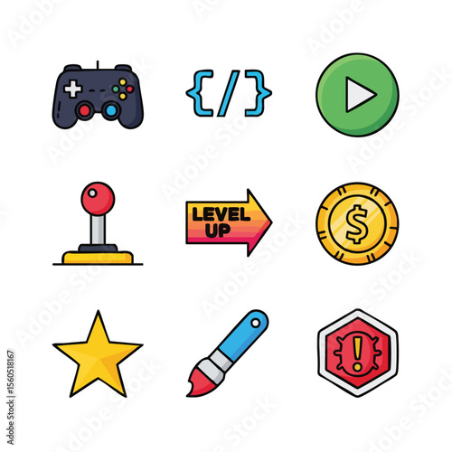 Flat Style Detail Gaming Element Design Creative Colorful Icon Set