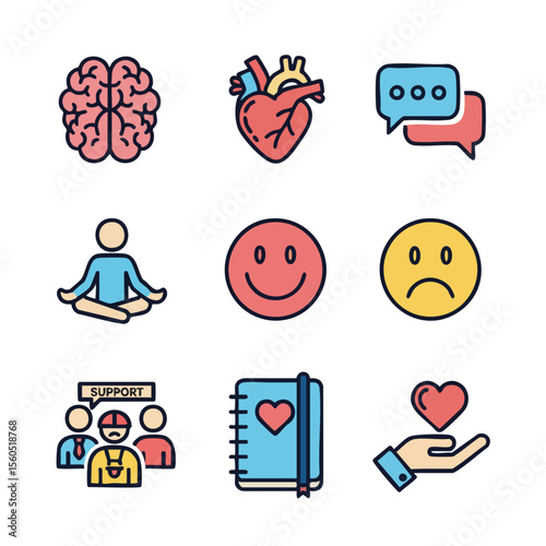 Modern Flat Line Illustration of Wellness and Wellbeing Icon Set
