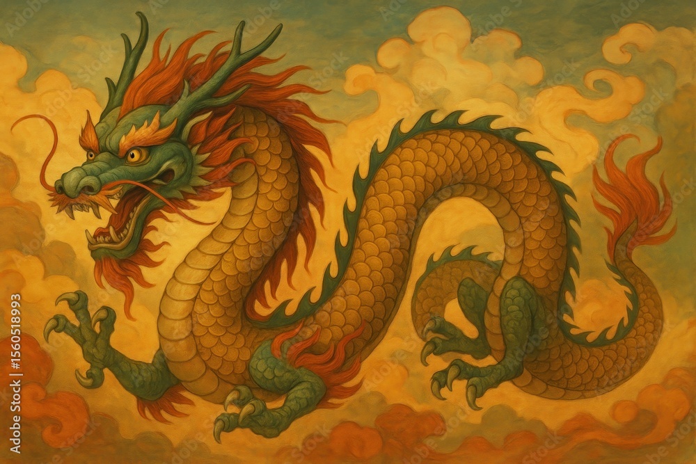Fototapeta premium Majestic dragon amidst swirling clouds.