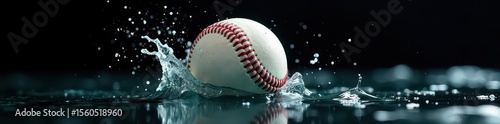 Baseball submerged in water, dynamic splash, black background, high resolution, droplet, drops