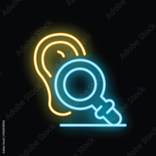 Glowing neon icon of a magnifying glass closely examining an ear, symbolizing the concept of active listening