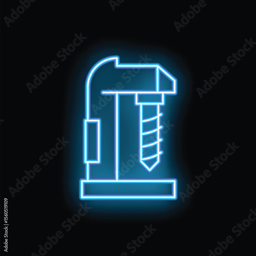 Blue neon sign depicting a drilling machine on a black background, ideal for illustrating concepts such as industry, construction, and manufacturing