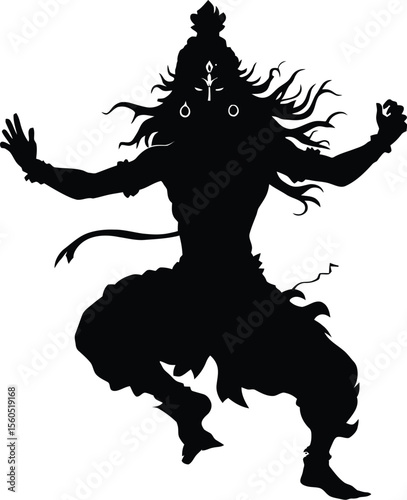 Dancing Mythological Figure Silhouette with Flowing Hair and Elaborate Headdress in Expressive Pose