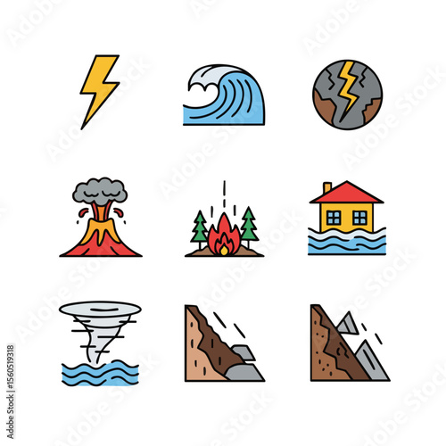 Colorful Outline Detail Natural Disaster Sign Symbol Element Icon Set