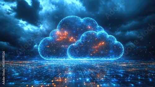 A shimmering digital cloudscape hovers over a networked city, representing cloud computing, data storage, and the interconnectedness of modern technology and futuristic landscapes.