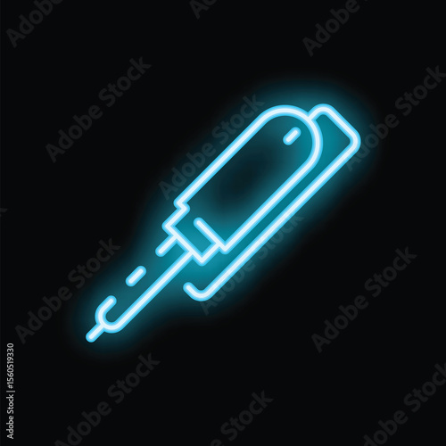 Bright blue neon sign depicting a soldering iron, ideal for projects related to electronics repair