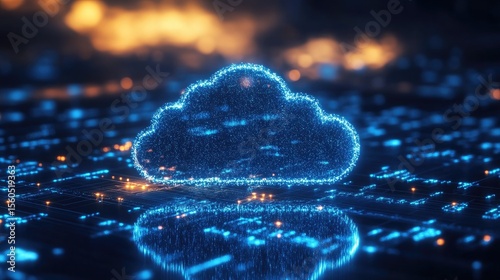 A digital cloud made of sparkling particles rests on a surface of interconnected blue lines, representing cloud computing, big data, and the seamless connectivity of modern technology.