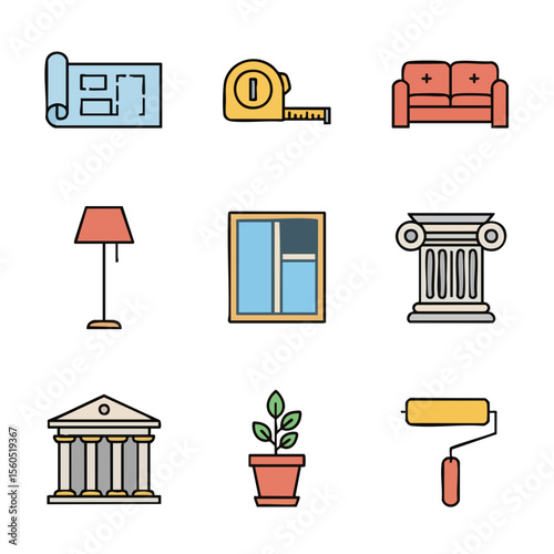 Flat Style Architecture Interior Design Element Icon Set Detailed Illustration