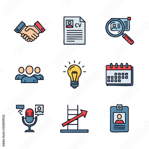 Flat Line Detailed Human Resources and Recruitment Process Icons Set
