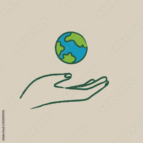 Hand holding Earth — minimal vector icon for ecology and care