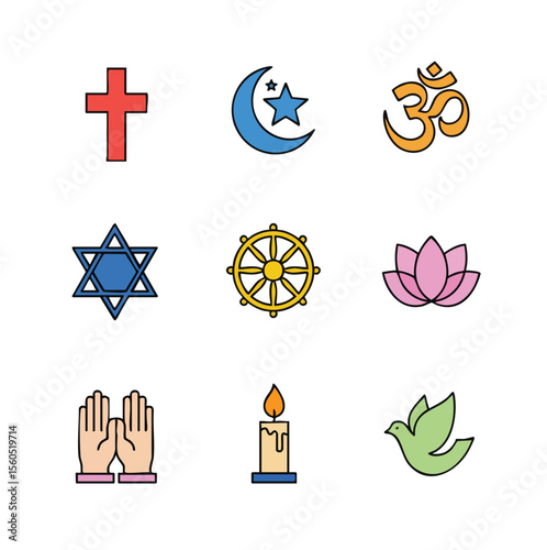 Flat Simple Religion Symbols and Beliefs with Various Icon Style