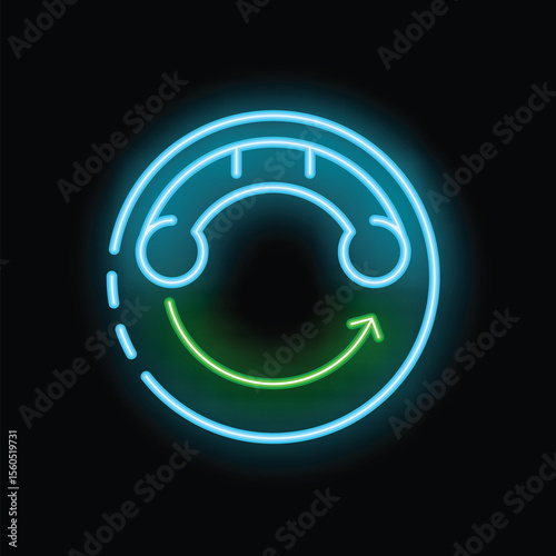Neon sign illustrating blue phone handset making smiling face with green arrow on black background