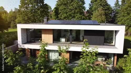 Modern house with solar panels surrounded by greenery in a sunny location