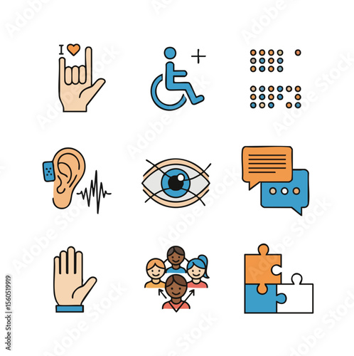 Colorful Outline Awareness Disability Sign Language Communication Icon Symbol Set