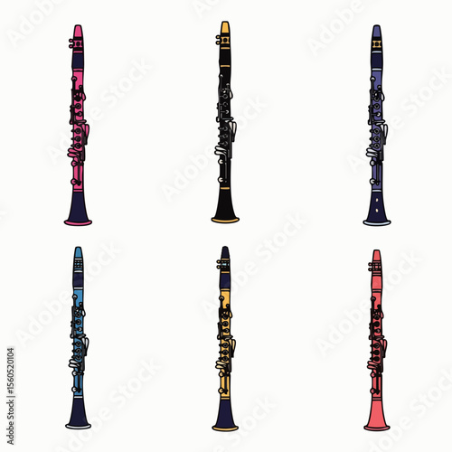 Set of Different Colored Clarinet Musical Instruments Detailed Flat Illustration