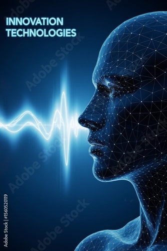 High-resolution conceptual illustration depicting a stylized human face made from polygonal mesh triangles and wireframe geometry, facing a dynamic blue and white soundwave signal.