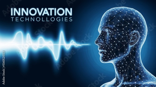 High-resolution conceptual illustration depicting a stylized human face made from polygonal mesh triangles and wireframe geometry, facing a dynamic blue and white soundwave signal.