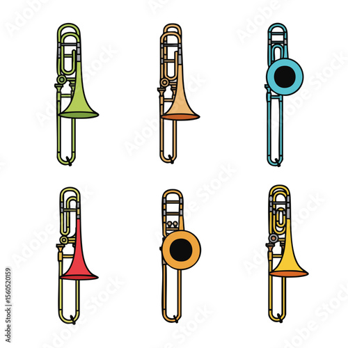 Colorful Minimalist Musical Trombone Instrument Group Flat Illustration