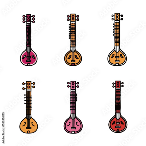 Handdrawn Flat Design Stringed Musical Instrument Veena Variety Illustration