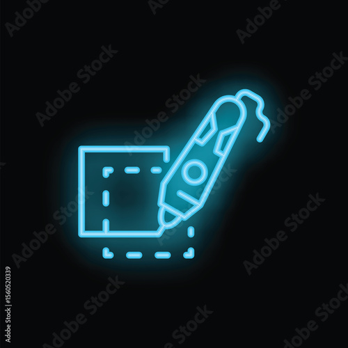 Neon icon of 3d pen drawing cube for engineering or prototyping