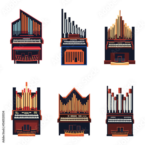 Detailed Vintage Organ Instrument Collection Musical Equipment Illustration Set