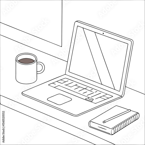 A workspace featuring a laptop, a mug of coffee, and a notebook with a pen in a minimalist line drawing