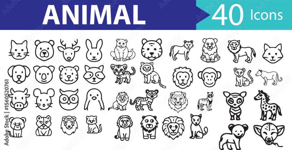 Fototapeta premium Animal Line Icon Set