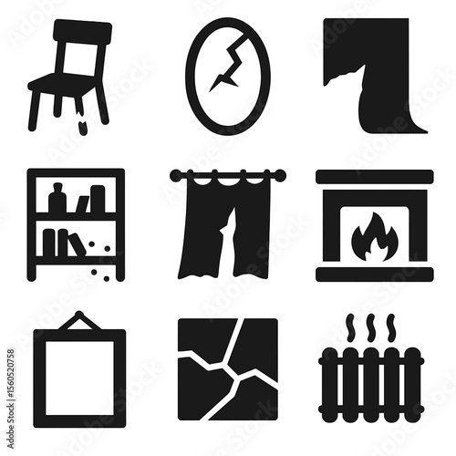 Abandoned Home Icons. Solid, filled icon set of abandoned home interiors: broken chair, cracked mirror, peeling wallpaper, dusty