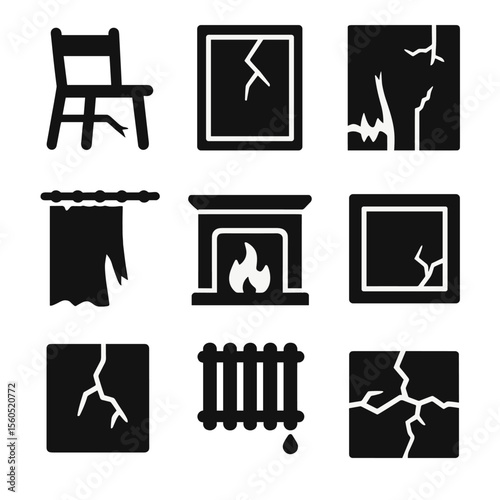 Abandoned Home Icons. Solid, filled icon set of abandoned home interiors: broken chair, cracked mirror, peeling wallpaper, dusty