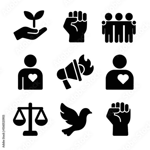 Advocacy Emotions Icons. Solid, filled icon set of advocacy emotions: hope, determination, unity, passion, courage, resilience,