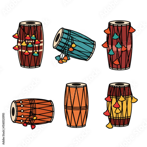 Colorful Handdrawn Traditional Dholak Percussion Instrument Musical Culture Heritage Illustration