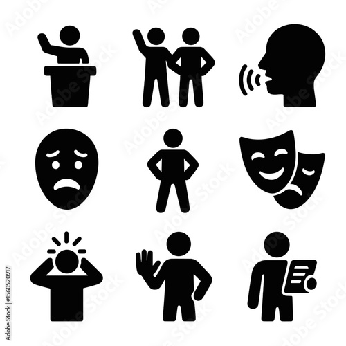 Acting Techniques Icons. Solid, filled icon set of acting techniques: monologue, improvisation, voice projection, facial