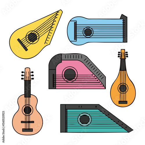Flat Style Variety of Stringed Music Instruments Collection Isolated Artwork