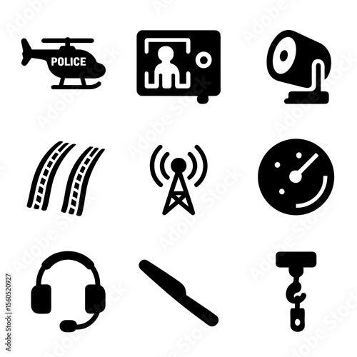 Aerial Pursuit Icons. Solid, Filled icon set of aerial pursuits: police helicopter, thermal imaging camera, searchlight, skid mark