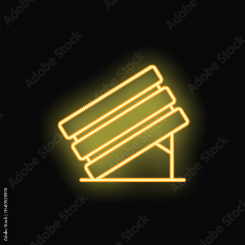 Neon sign of a wooden bench glowing yellow against a black background