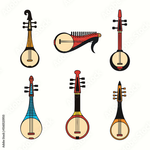 Flat Illustration Different Style Traditional String Musical Instrument Collection
