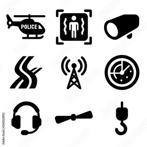 Aerial Pursuit Icons. Solid, Filled icon set of aerial pursuits: police helicopter, thermal imaging camera, searchlight, skid mark