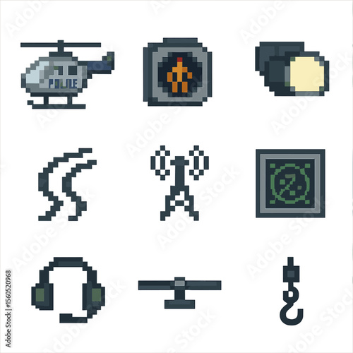 Aerial Pursuit Icons. Pixel art icon set of aerial pursuits: police helicopter, thermal imaging camera, searchlight, skid mark