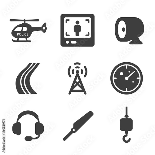 Aerial Pursuits Icons. Flat icon set of aerial pursuits: police helicopter, thermal imaging camera, searchlight, skid mark trail,