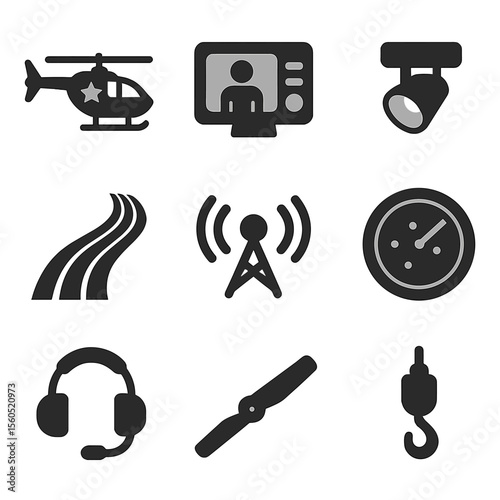Aerial Pursuits Icons. Flat icon set of aerial pursuits: police helicopter, thermal imaging camera, searchlight, skid mark trail,