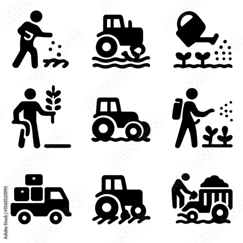 Agricultural Activity Icons. Solid, filled icon set of field activities: sowing seeds, tilling soil, watering crops, harvesting