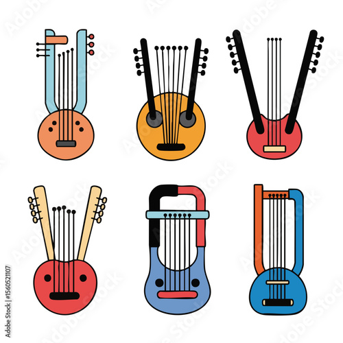 Colorful Flat Design Lyre Different Style Musical Instrument Illustration Set