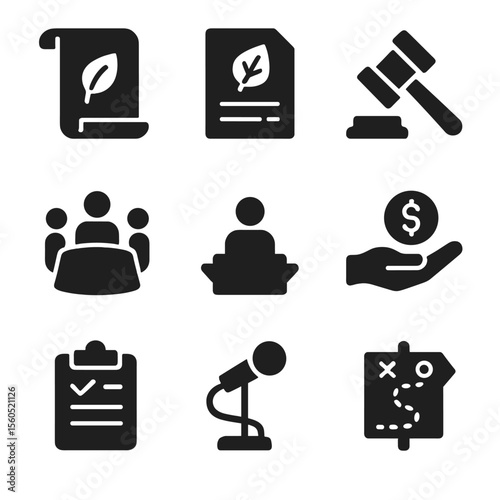 Agricultural Policy Icons. Solid, Filled icon set of agricultural policy & governance: legislation scroll, policy document,