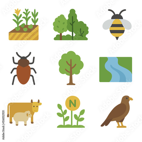 Agroecology Icons Grid. Flat icon set of agroecology practices: polyculture field, hedgerow, pollinator bee, beetle, native tree,